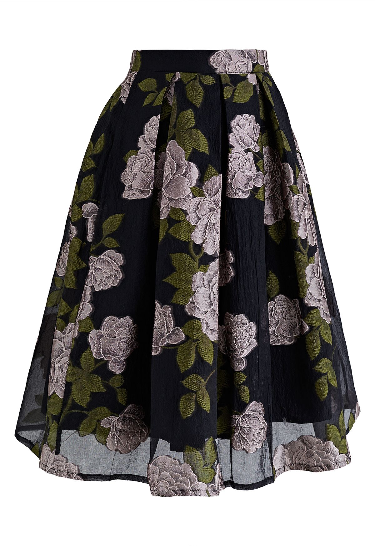 Peony Jacquard Organza Pleated Midi Skirt