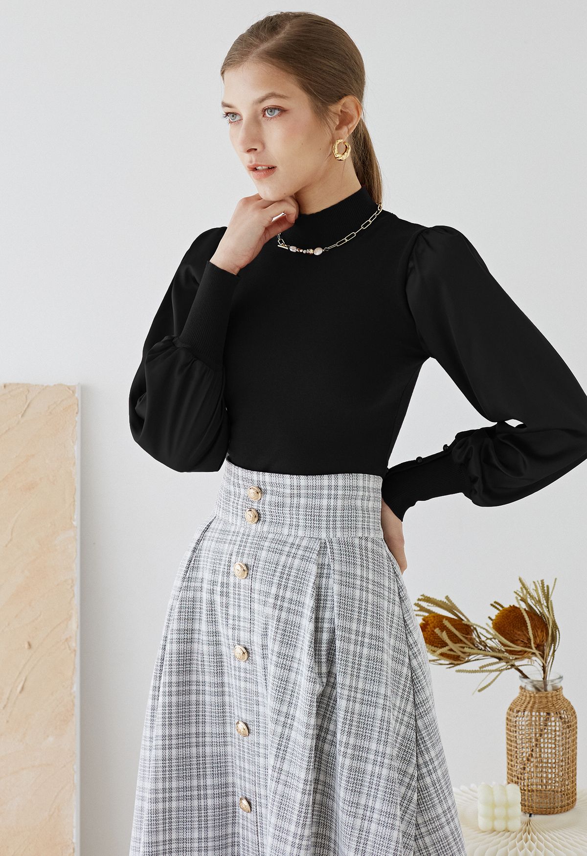 Mock Neck Satin Spliced Knit Top in Black