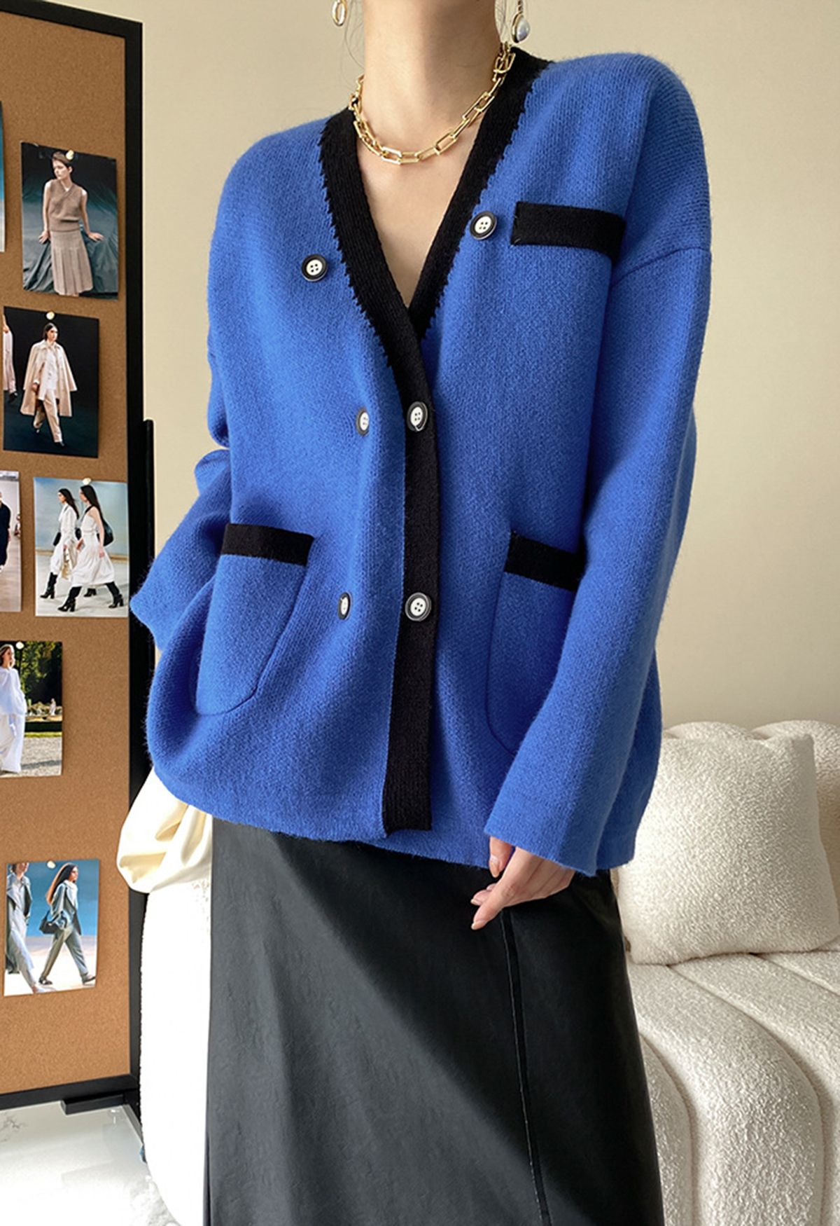 Double-Breasted Contrast Color Cardigan in Blue