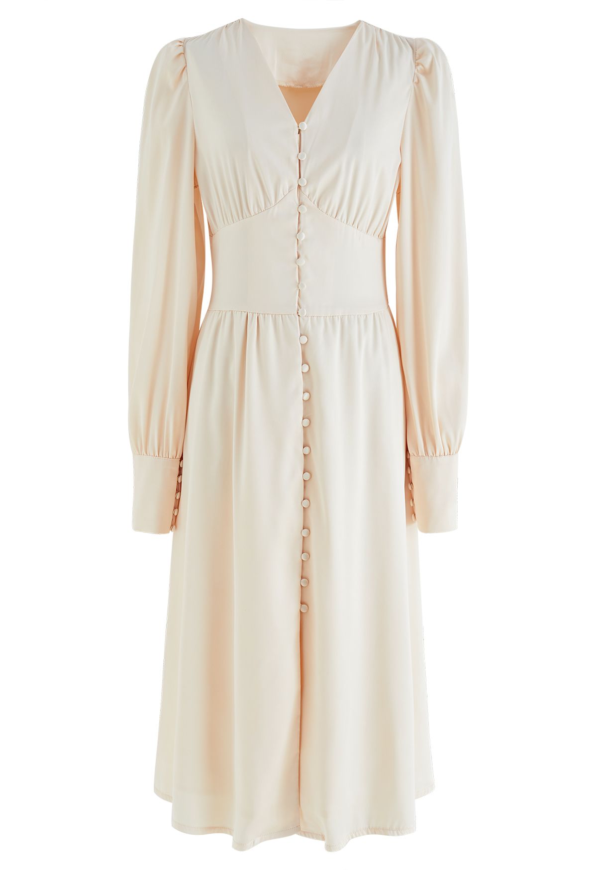 Puff Sleeves Button Up Satin Midi Dress in Cream