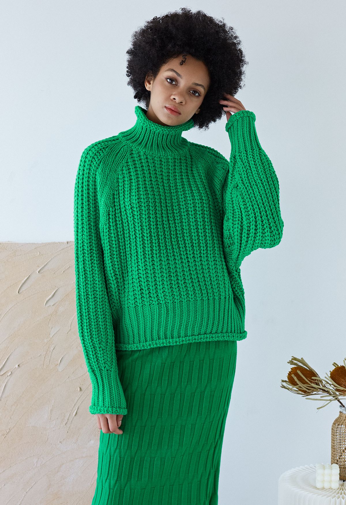 High Neck Chunky Knit Sweater in Green