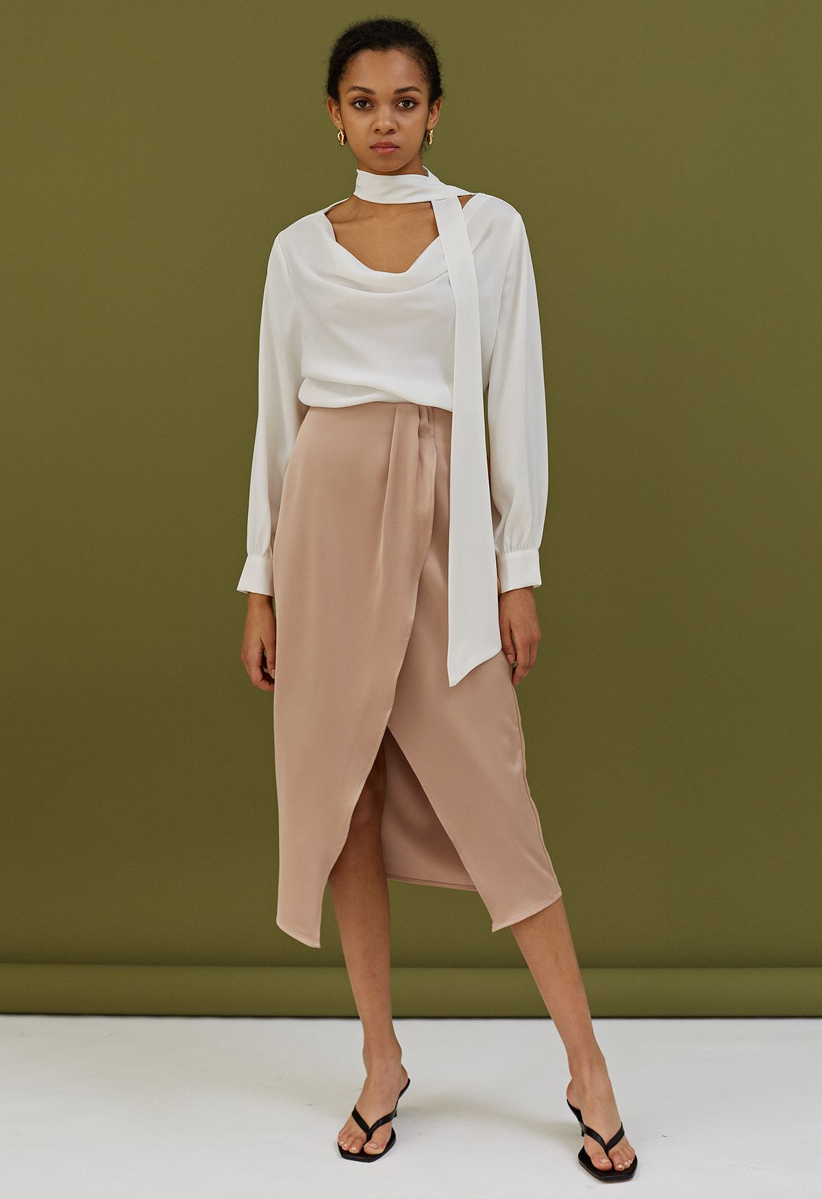 Front Slit Satin Midi Skirt in Apricot