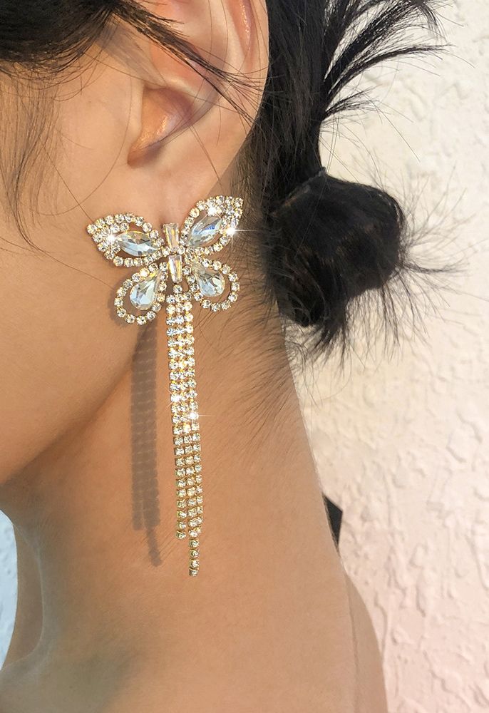 Full Diamond Butterfly Tassel Drop Earrings