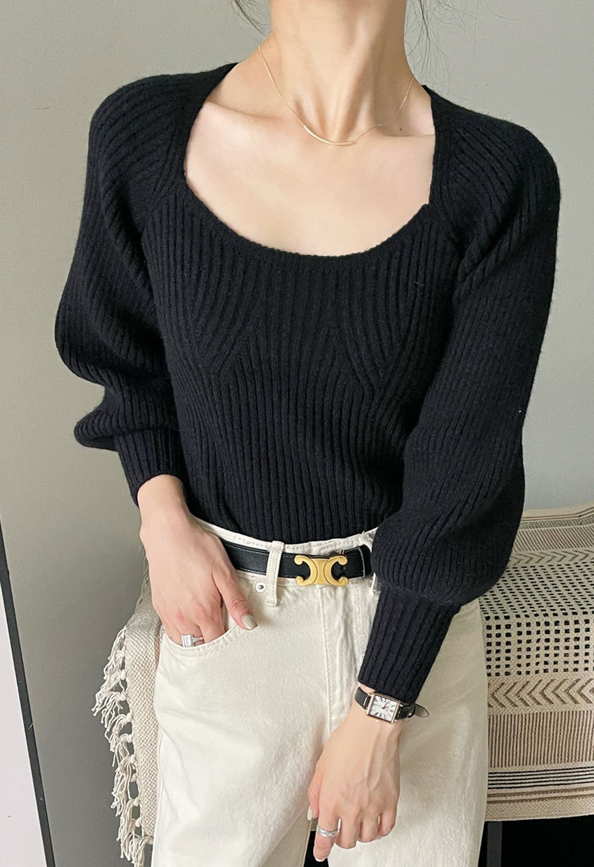 Wide Round Neck Rib Knit Top in Black