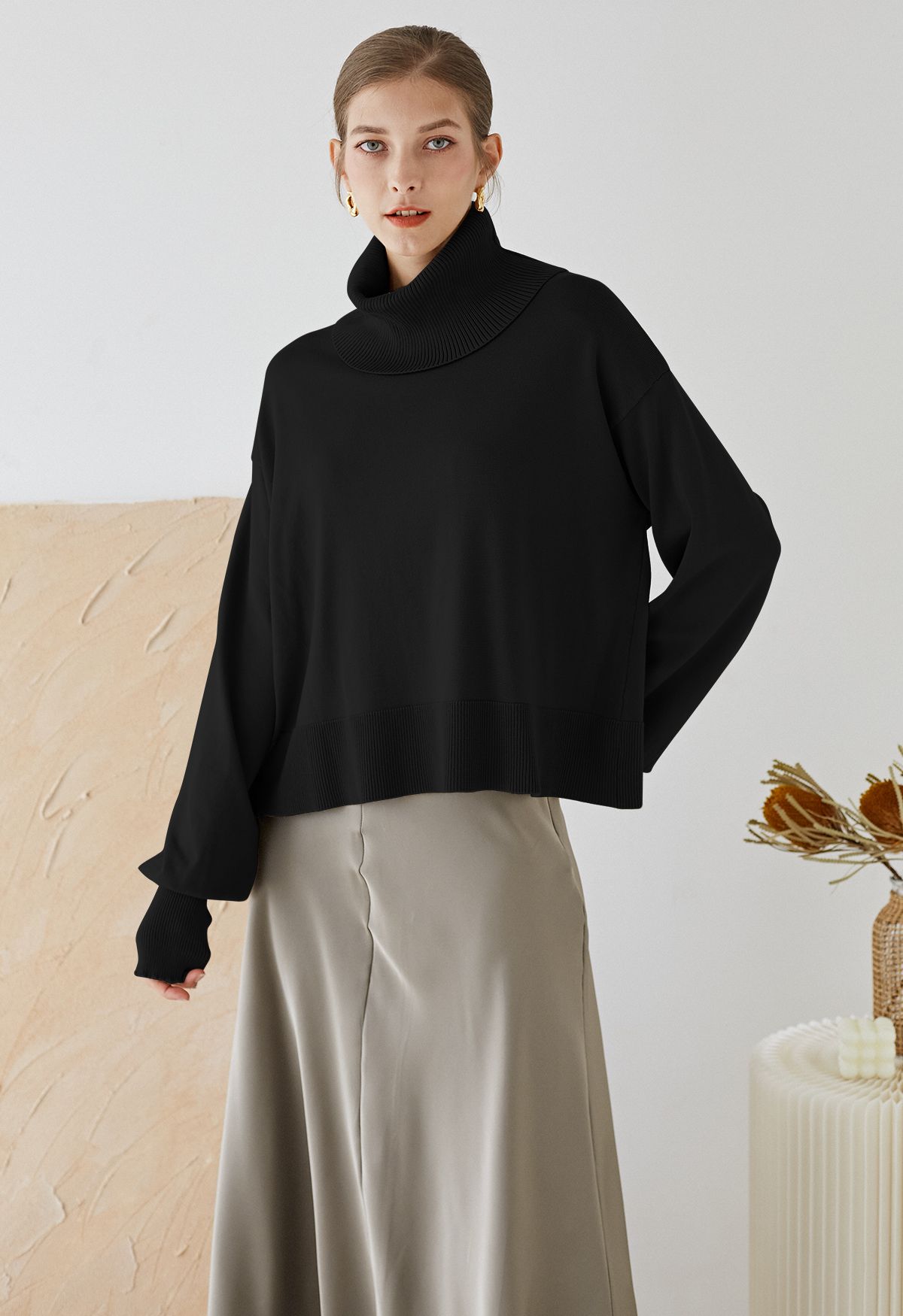 Turtleneck Side Buttons Slouchy Knit Top in Black