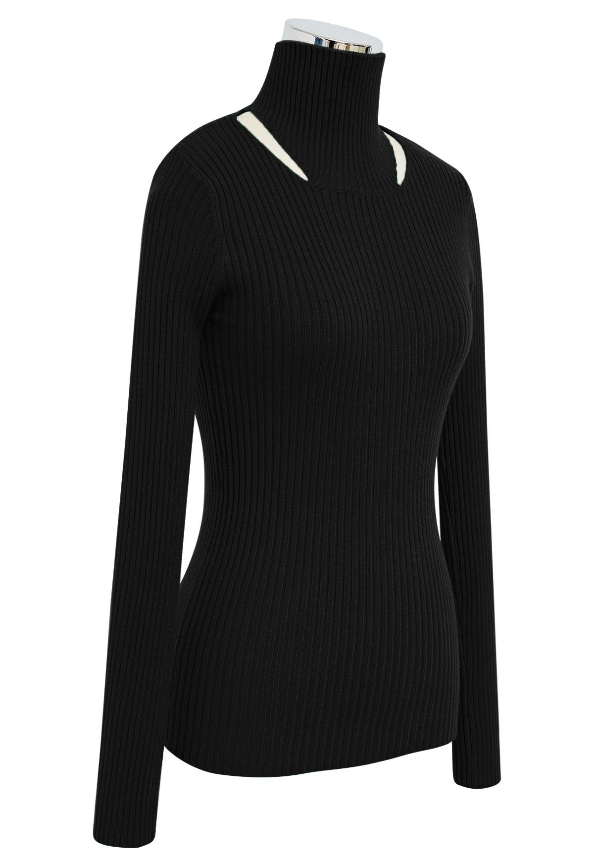 Cutout High Neck Rib Knit Top in Black