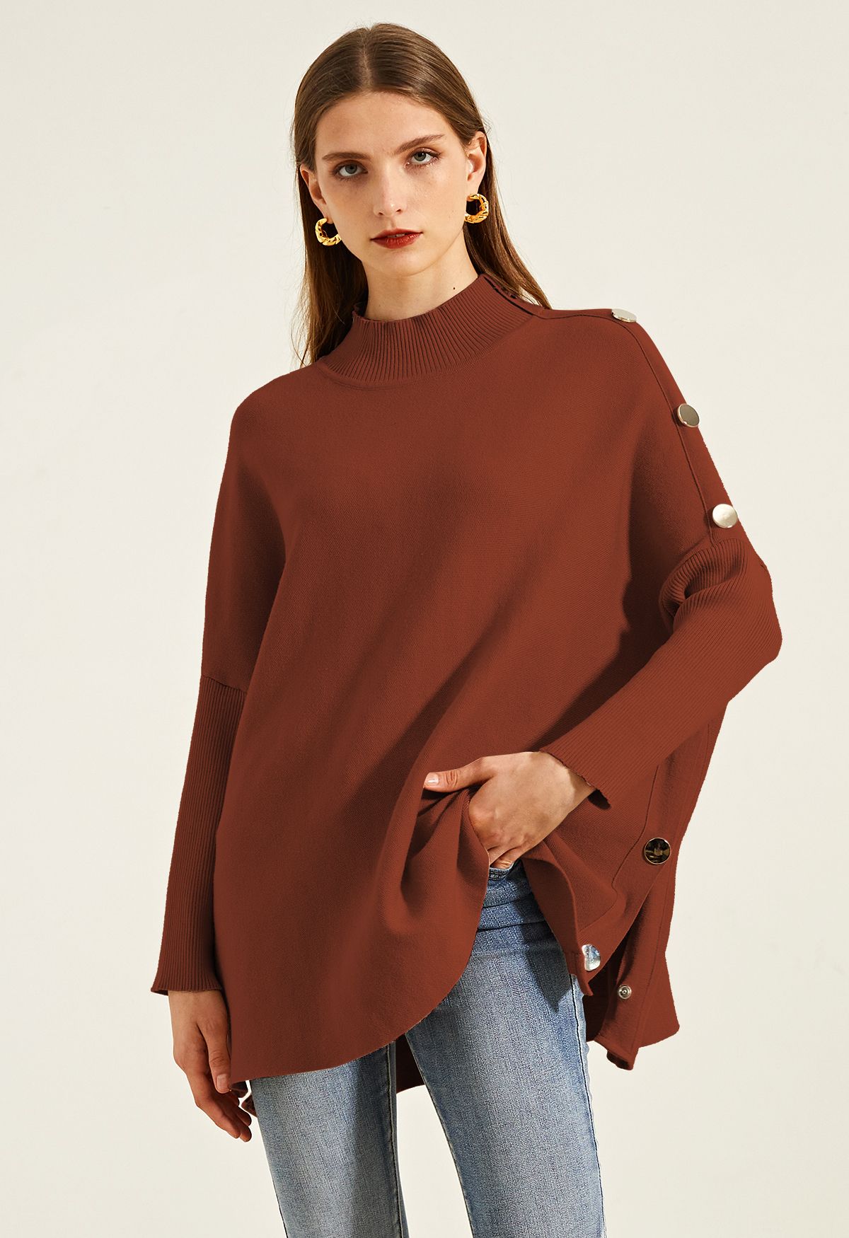 Side Buttoned Flap High Neck Knit Poncho in Caramel