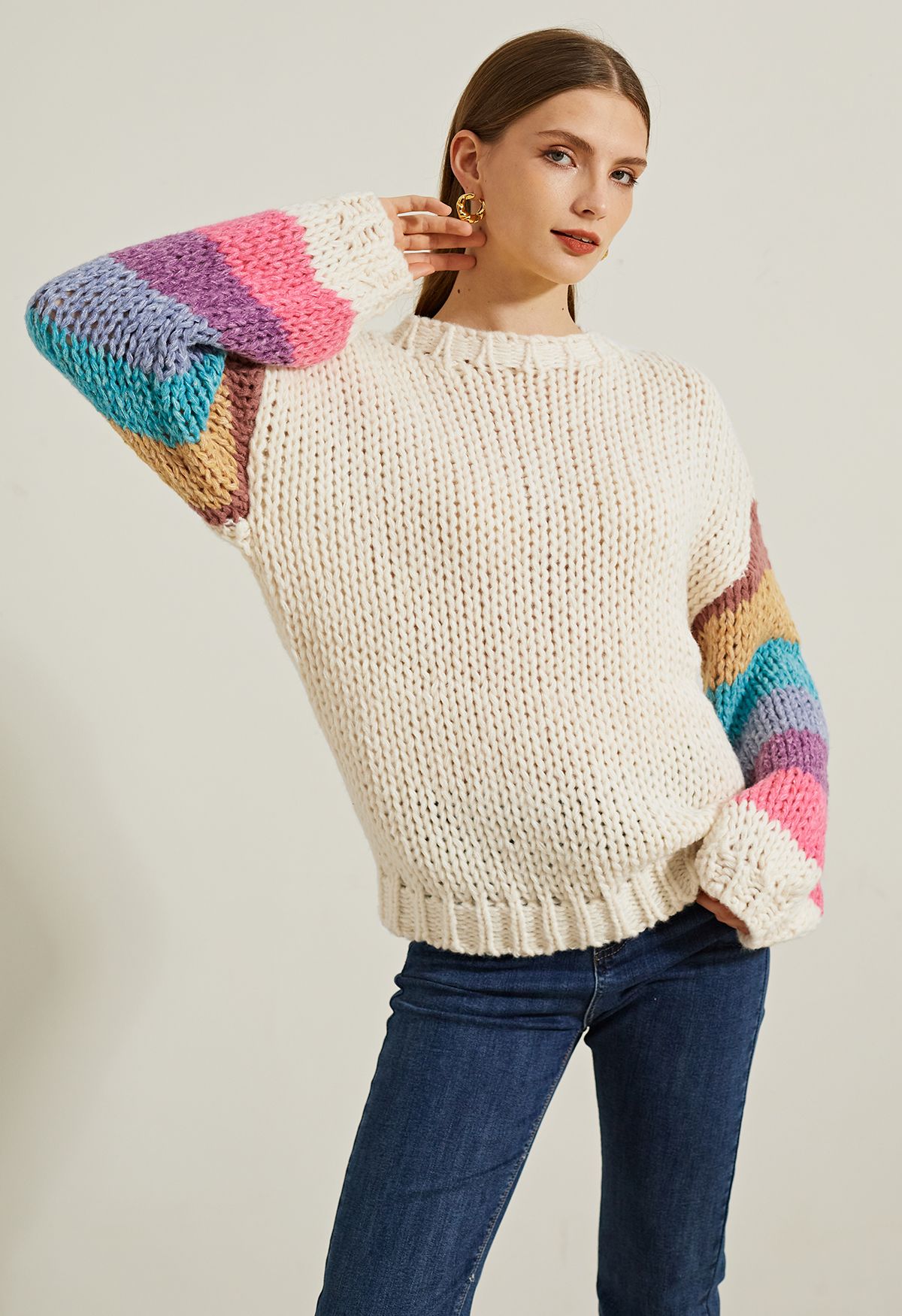 Colorblock-Sleeve Hand Knit Sweater