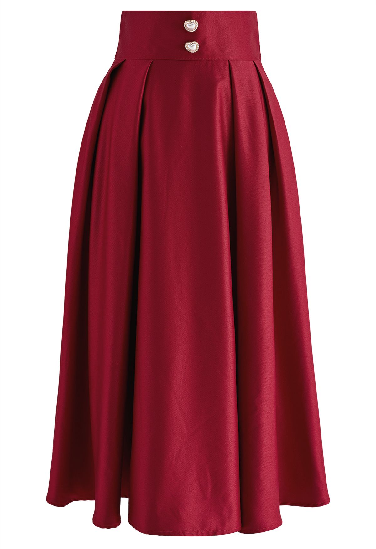 Pearl Heart Buttoned A-Line Midi Skirt in Red