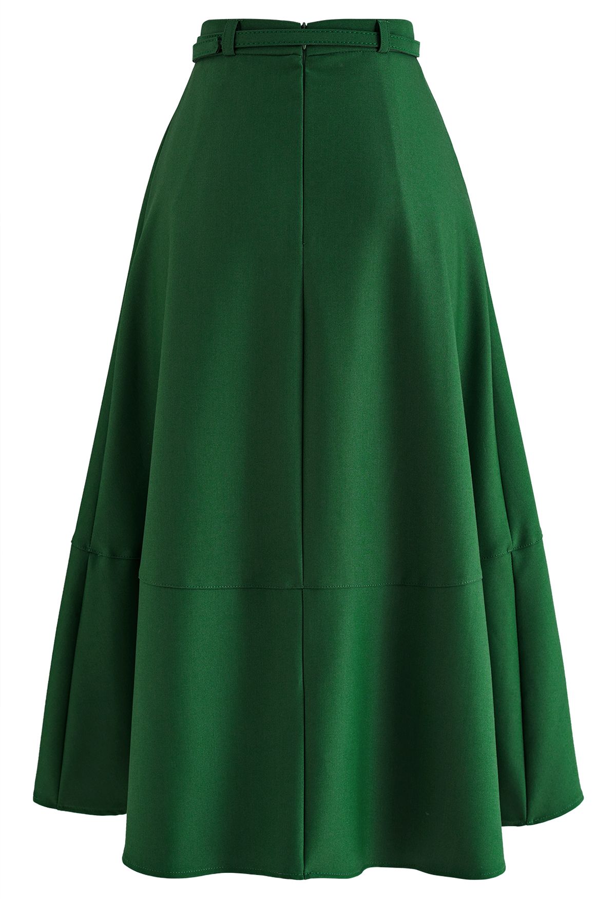 Side Pockets Pleated Belt Midi Skirt in Emerald