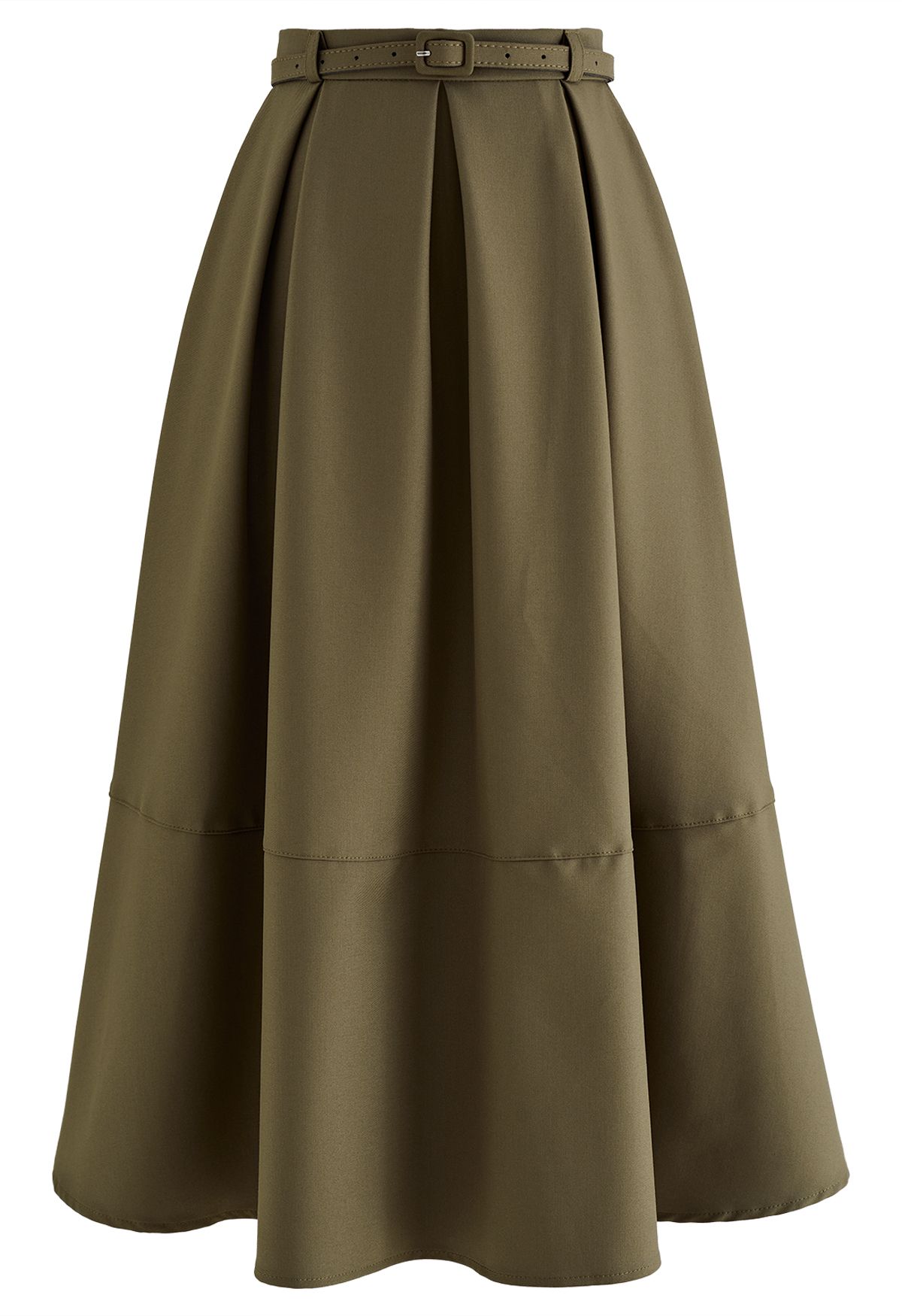 Side Pockets Pleated Belt Midi Skirt in Moss Green