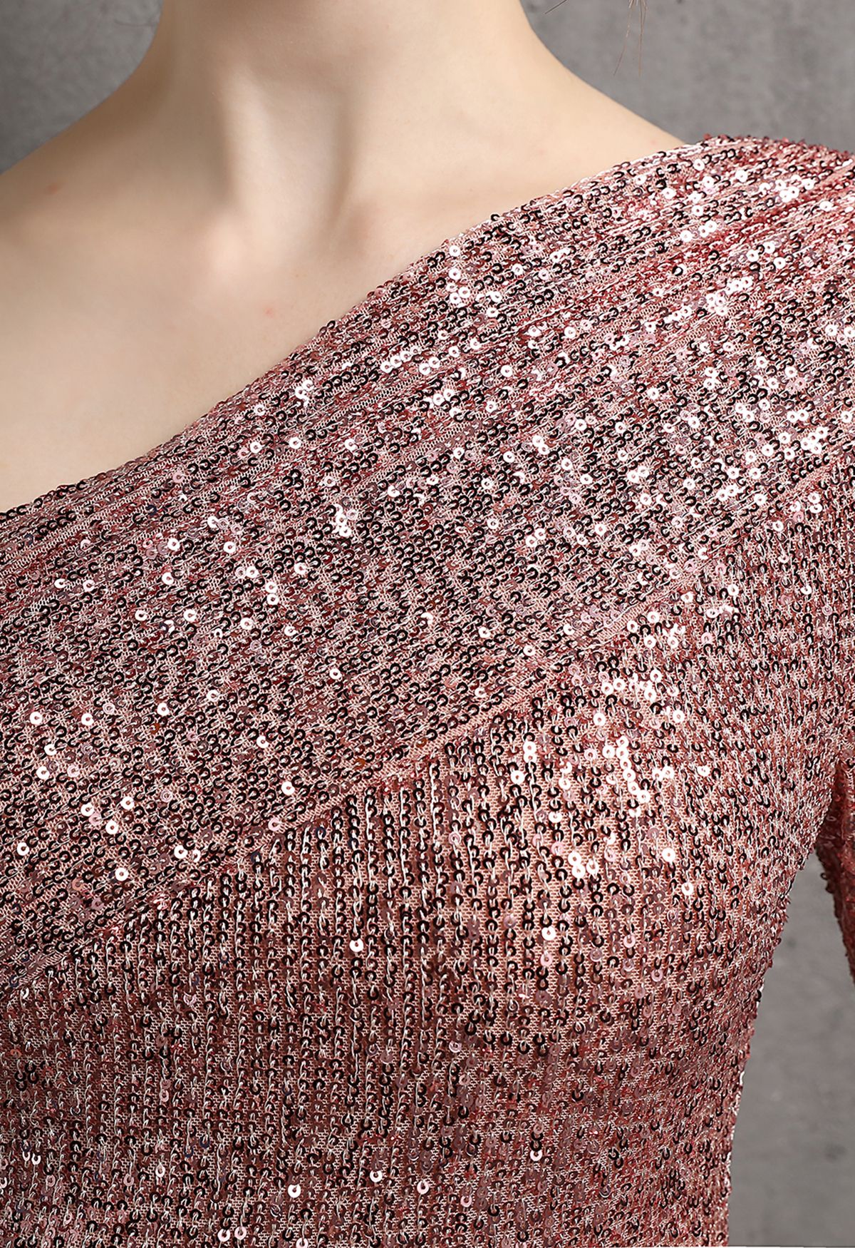 Slanted Shoulder Full Sequins Cocktail Dress in Pink