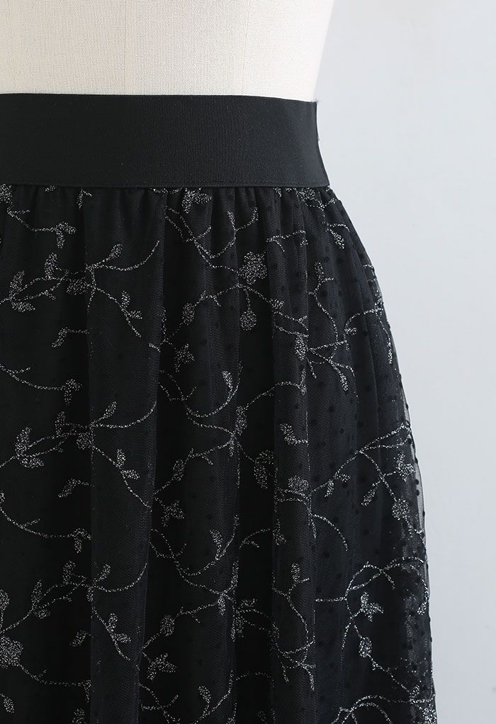 フラワー刺繍ドットチュールスカート ブラック