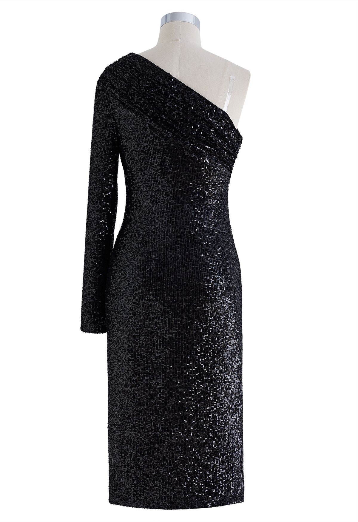 Slanted Shoulder Full Sequins Cocktail Dress in Black