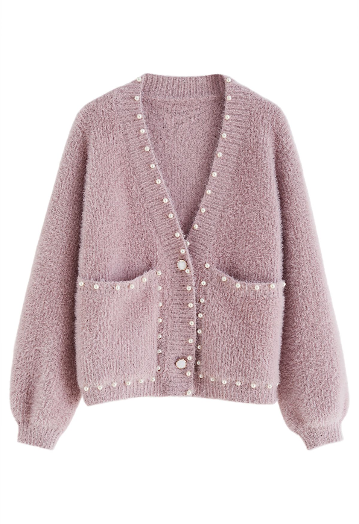 Pearls Trim Pocket Fuzzy Knit Cardigan in Dusty Pink