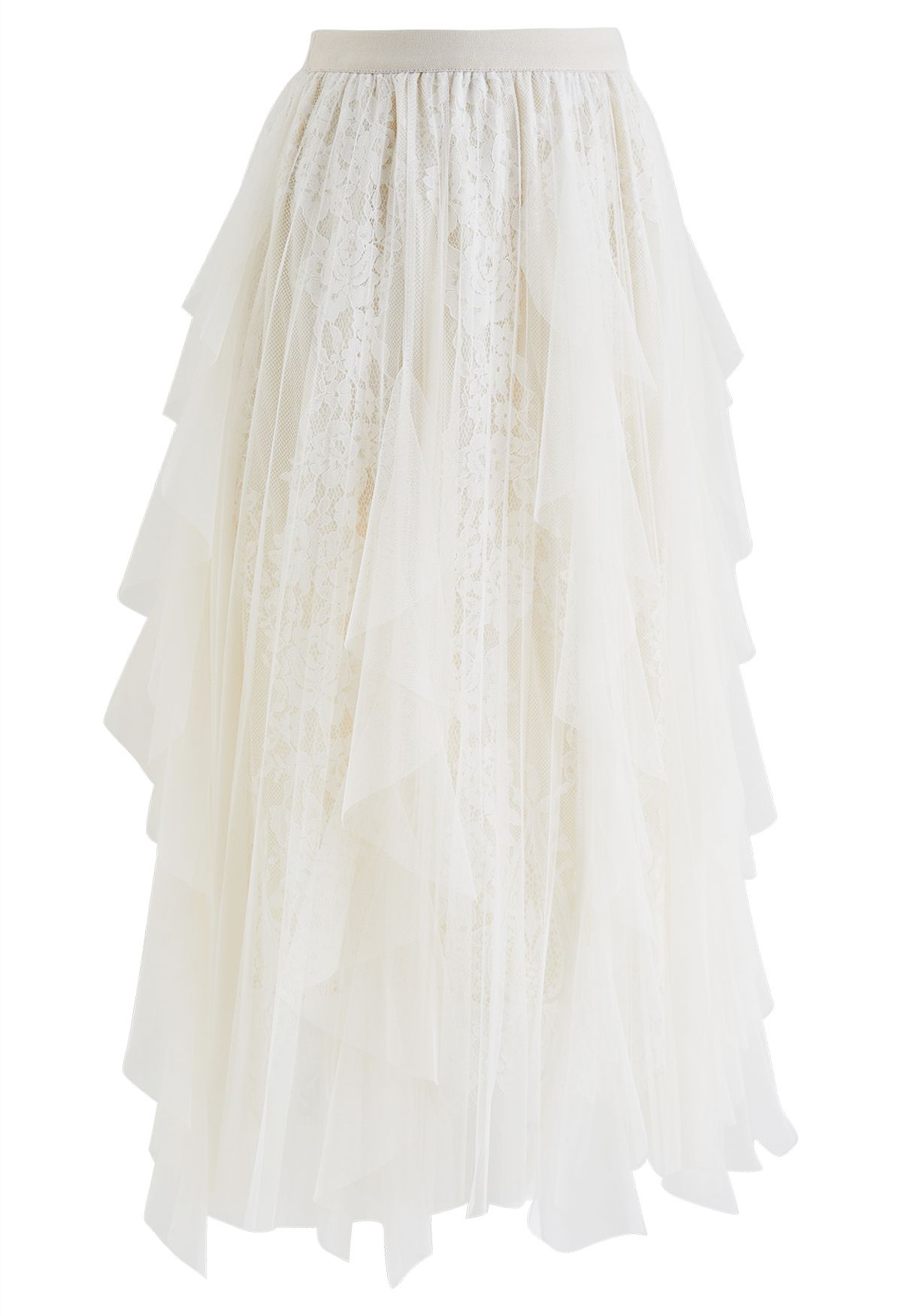 Floral Lace Ruffle Mesh Tulle Skirt in Ivory