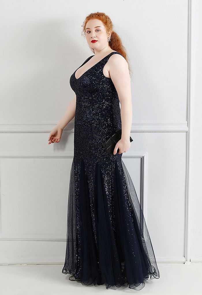 Mesh Panelled Sequined Mermaid Gown in Navy