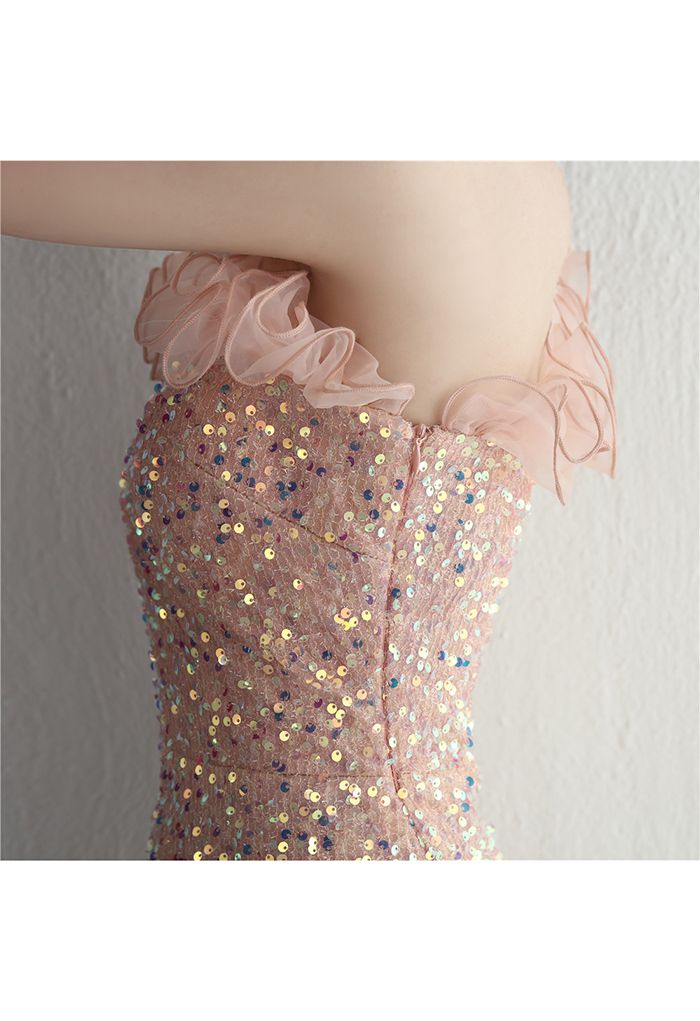 One-Shoulder Organza Trim Sequined Gown in Dusty Pink