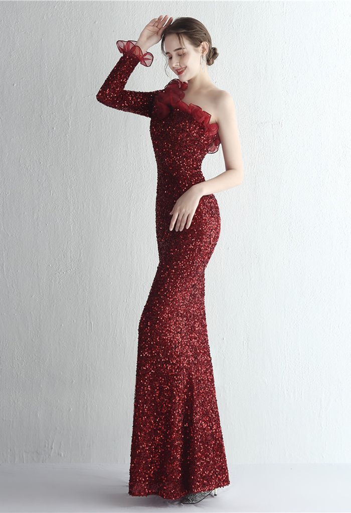 One-Shoulder Organza Trim Sequined Gown in Burgundy