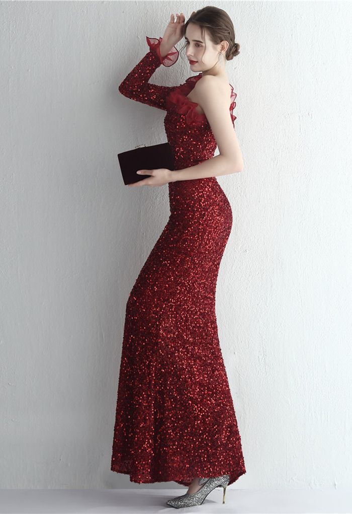 One-Shoulder Organza Trim Sequined Gown in Burgundy