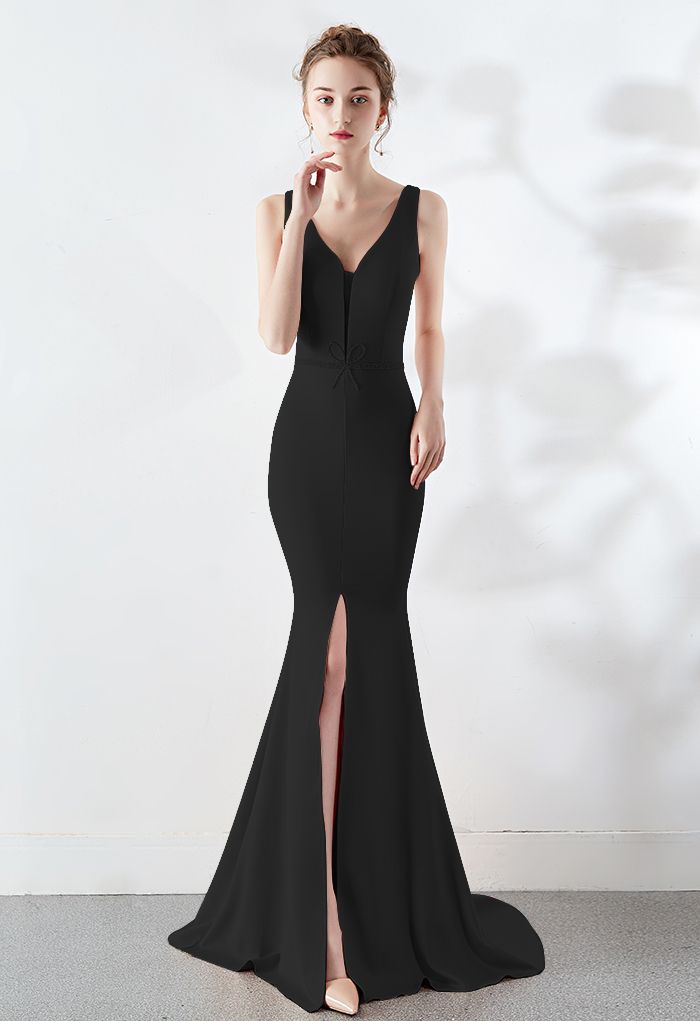 Beaded Bowknot Split Mermaid Satin Gown in Black