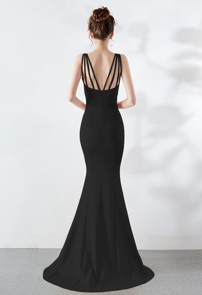 Beaded Bowknot Split Mermaid Satin Gown in Black