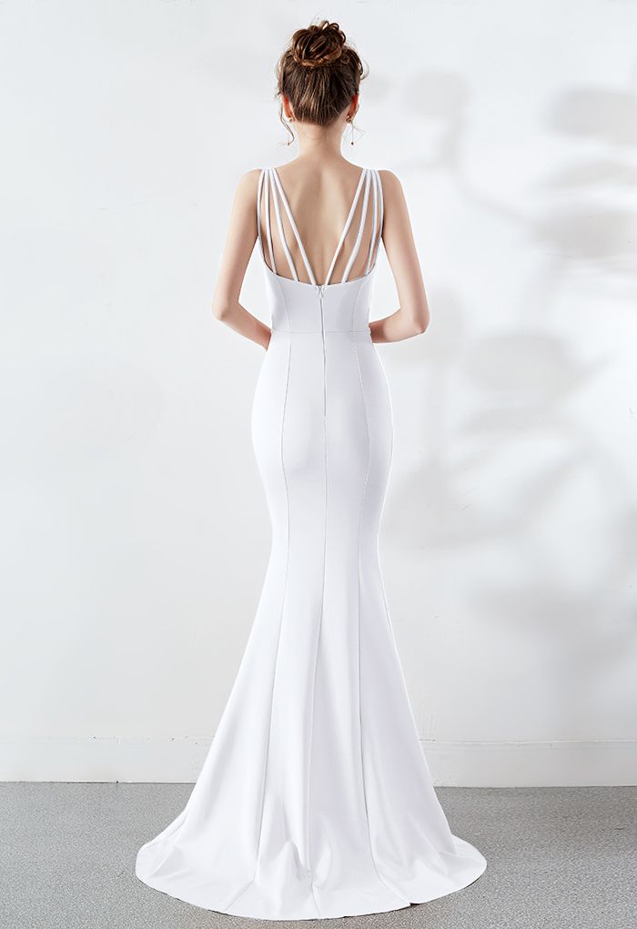 Beaded Bowknot Split Mermaid Satin Gown in White