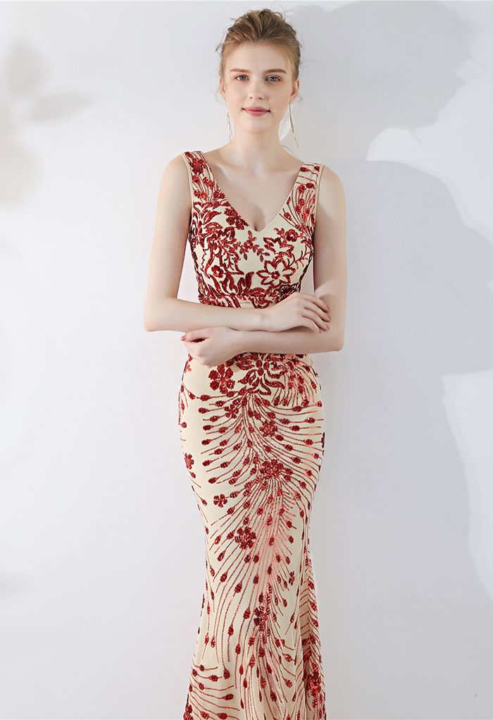 Floral Vine Sequined Mesh Mermaid Gown in Red