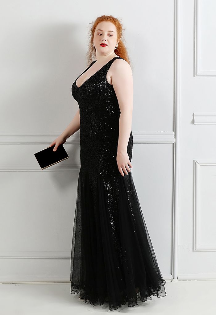 Mesh Panelled Sequined Mermaid Gown in Black