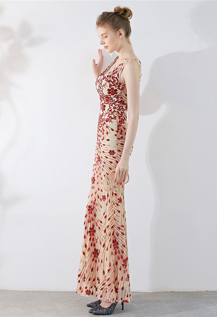 Floral Vine Sequined Mesh Mermaid Gown in Red