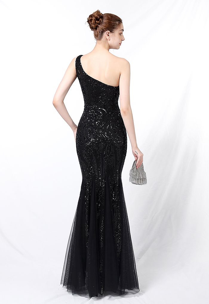 One-Shoulder Floral Lattice Sequined Mesh Gown in Black