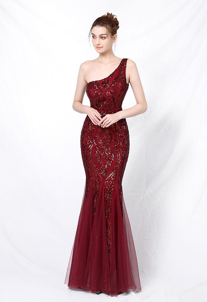 One-Shoulder Floral Lattice Sequined Mesh Gown in Burgundy