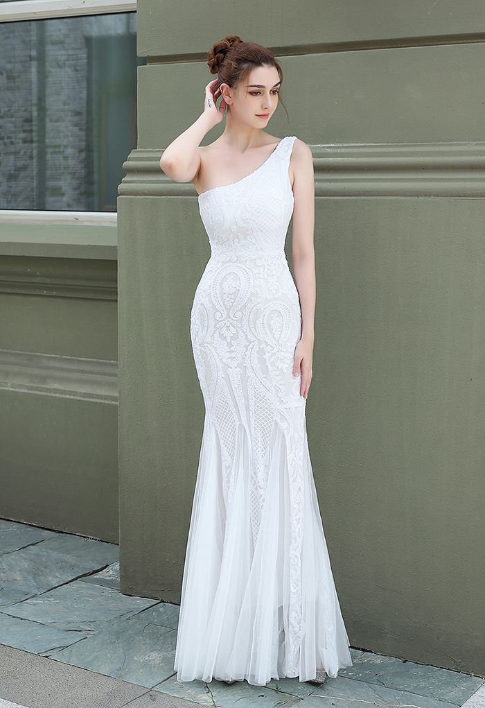 One-Shoulder Floral Lattice Sequined Mesh Gown in White