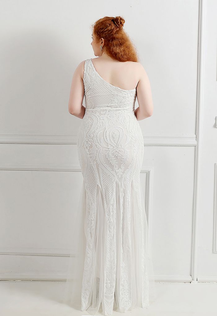 One-Shoulder Floral Lattice Sequined Mesh Gown in White