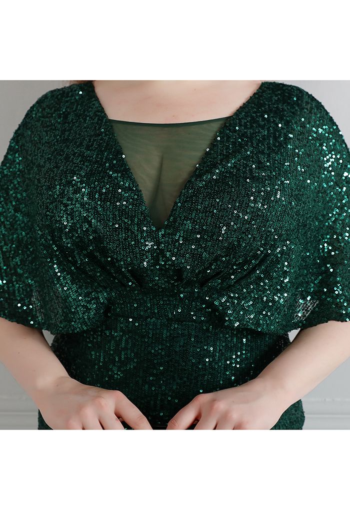 Cape Sleeve Mesh Inserted Sequined Gown in Emerald