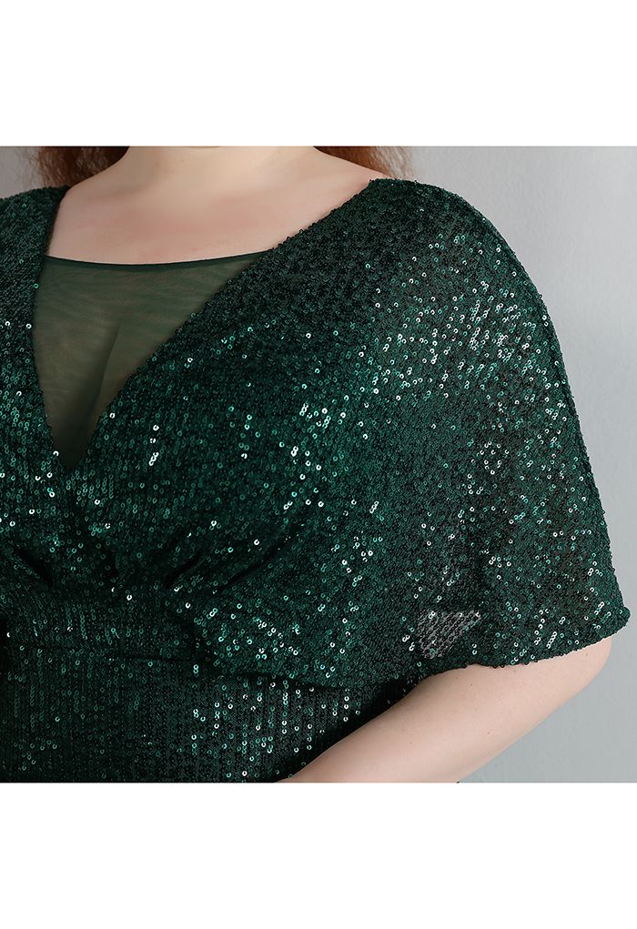 Cape Sleeve Mesh Inserted Sequined Gown in Emerald