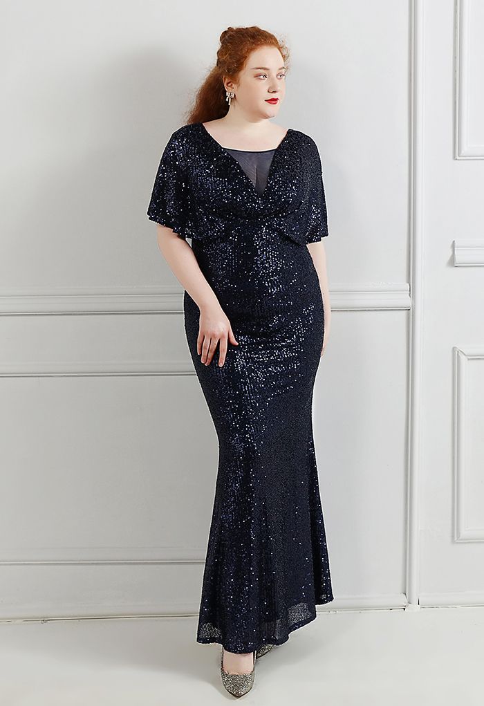 Cape Sleeve Mesh Inserted Sequined Gown in Navy