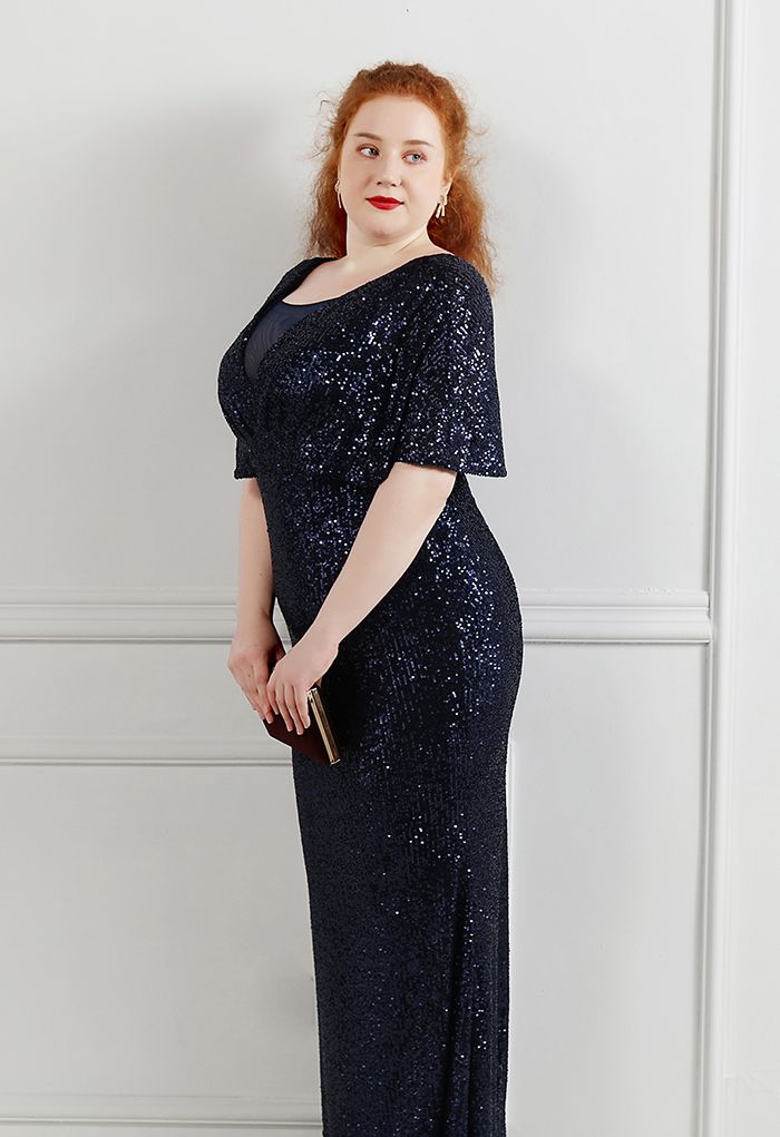 Cape Sleeve Mesh Inserted Sequined Gown in Navy