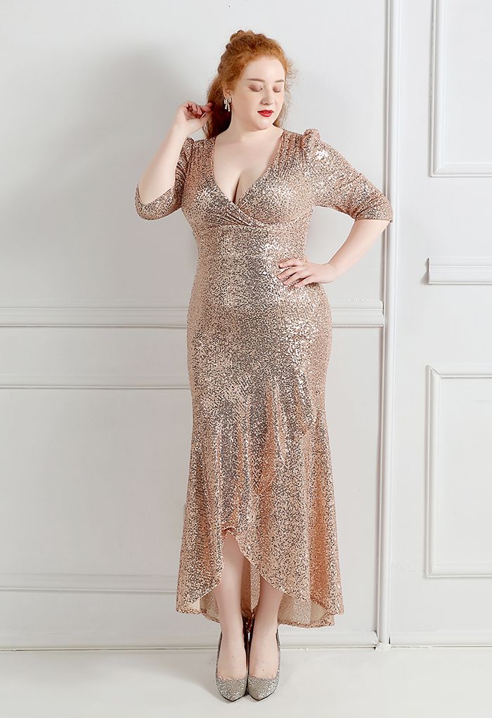 Elbow Sleeve Ruffle Sequined Gown in Champagne