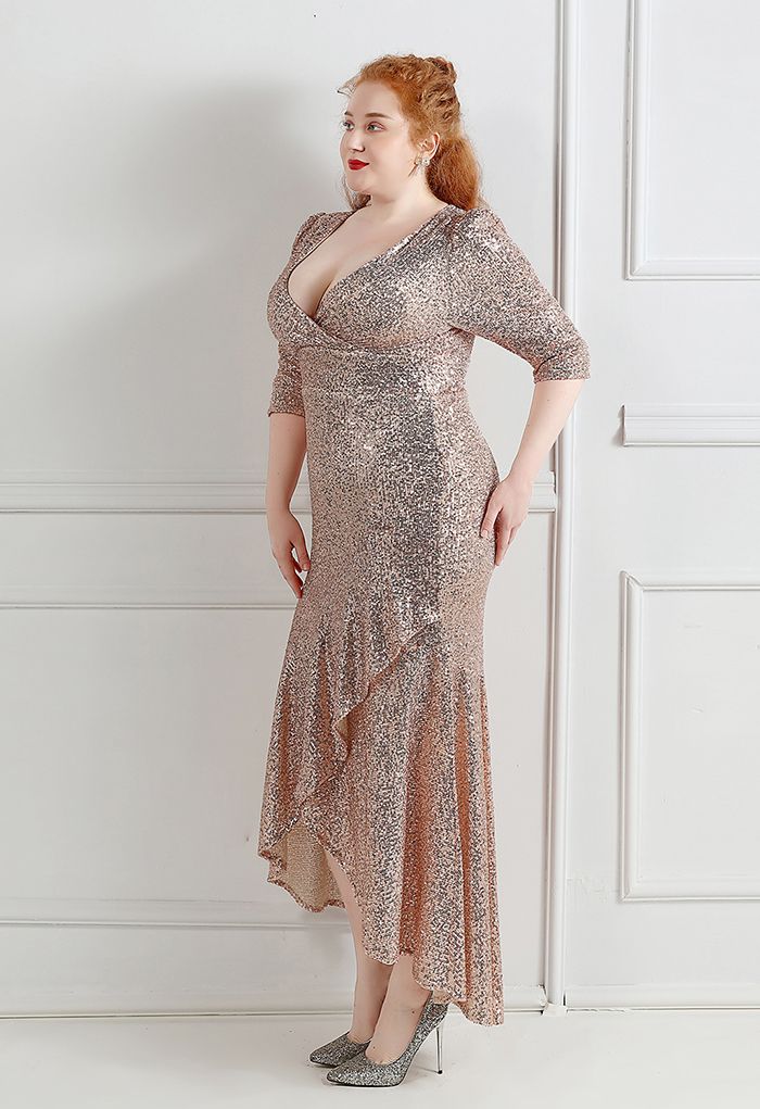 Elbow Sleeve Ruffle Sequined Gown in Champagne