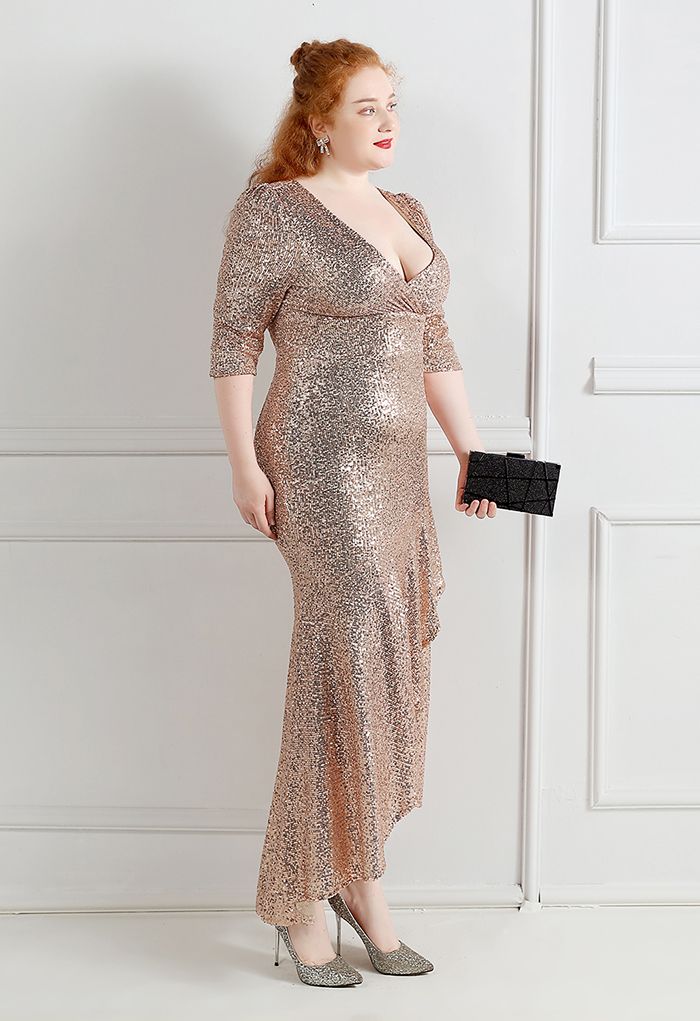 Elbow Sleeve Ruffle Sequined Gown in Champagne