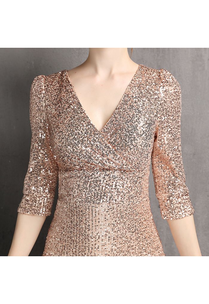 Elbow Sleeve Ruffle Sequined Gown in Champagne