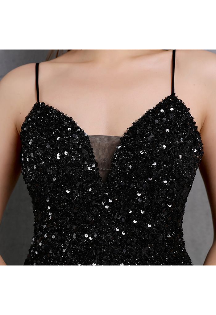 Mesh Inserted Sequined Mermaid Cami Gown in Black