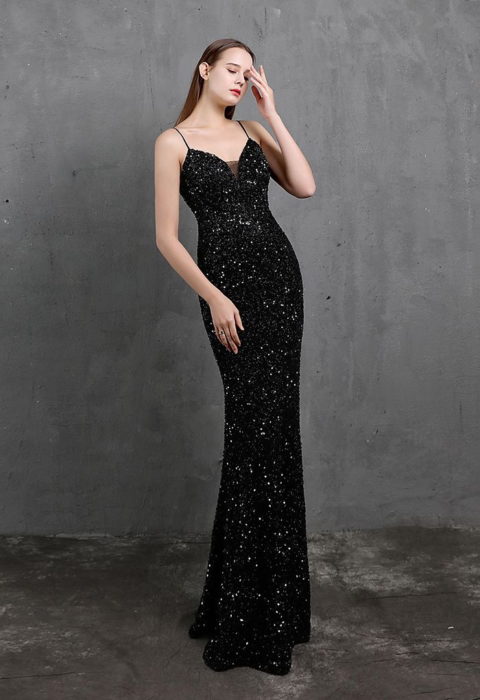 Mesh Inserted Sequined Mermaid Cami Gown in Black