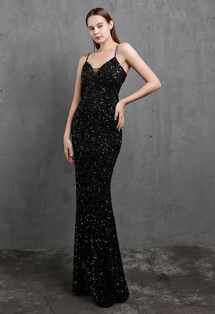 Mesh Inserted Sequined Mermaid Cami Gown in Black