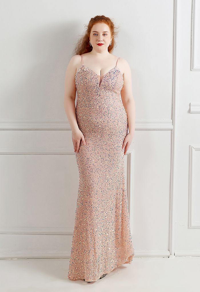 Mesh Inserted Sequined Mermaid Cami Gown in Pink