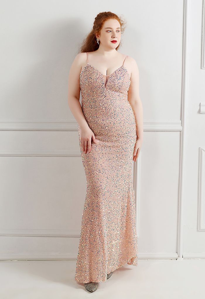 Mesh Inserted Sequined Mermaid Cami Gown in Pink