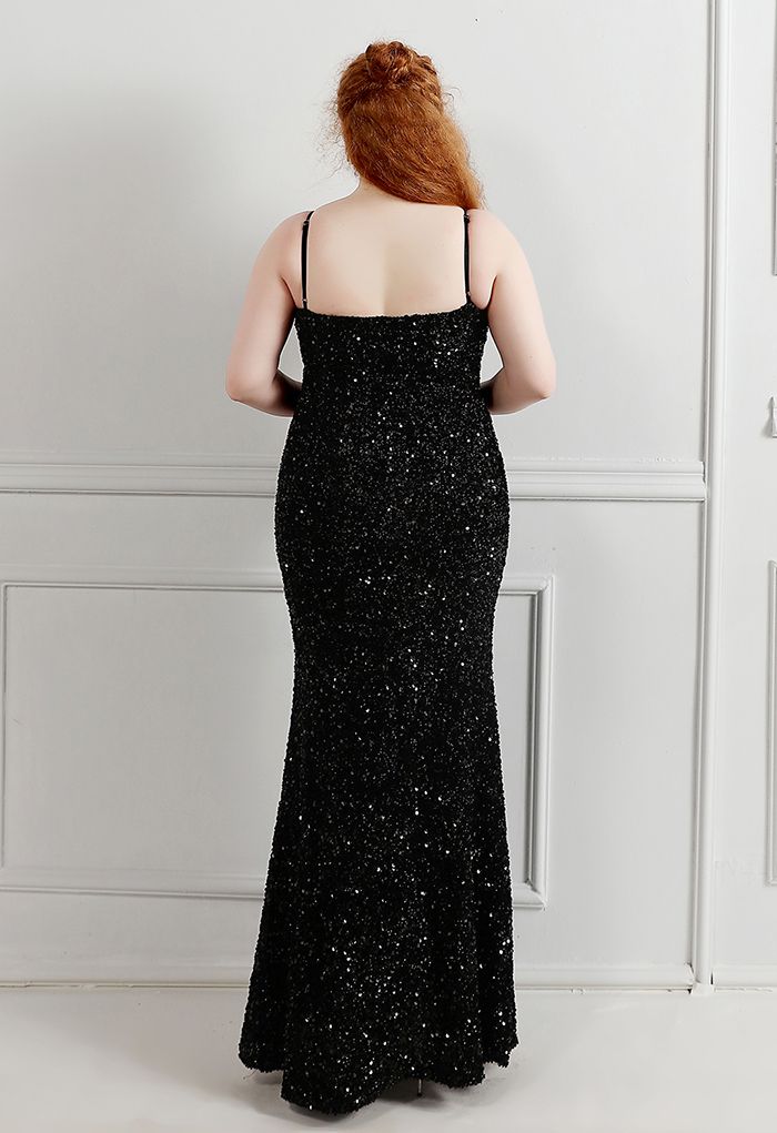 Mesh Inserted Sequined Mermaid Cami Gown in Black