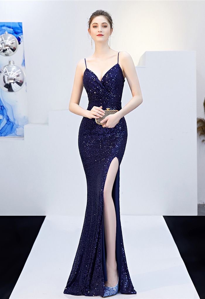 Split Side Sequined Wrap Cami Gown in Navy