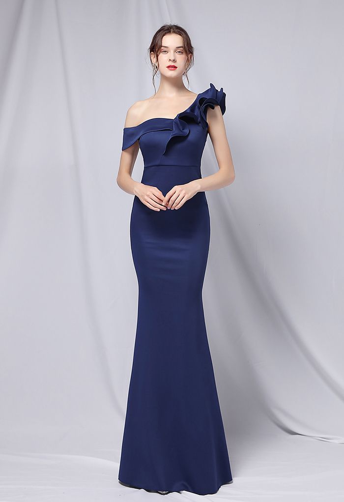 Ruffle One-Shoulder Mermaid Satin Gown in Navy